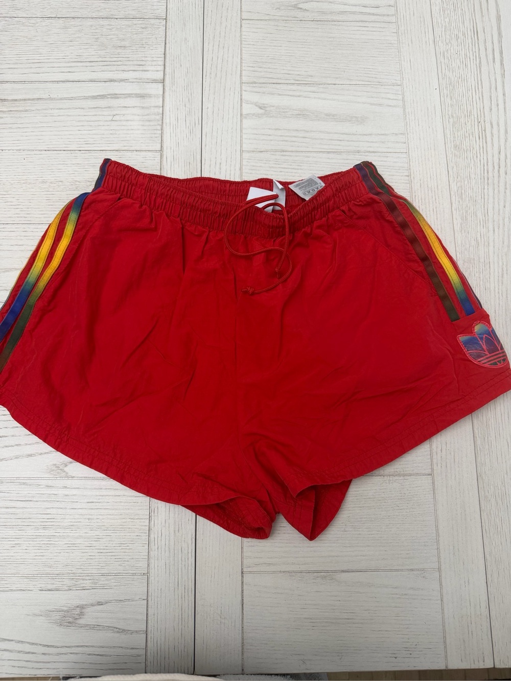 adidas Red Athletic Shorts with Rainbow Side Stripes